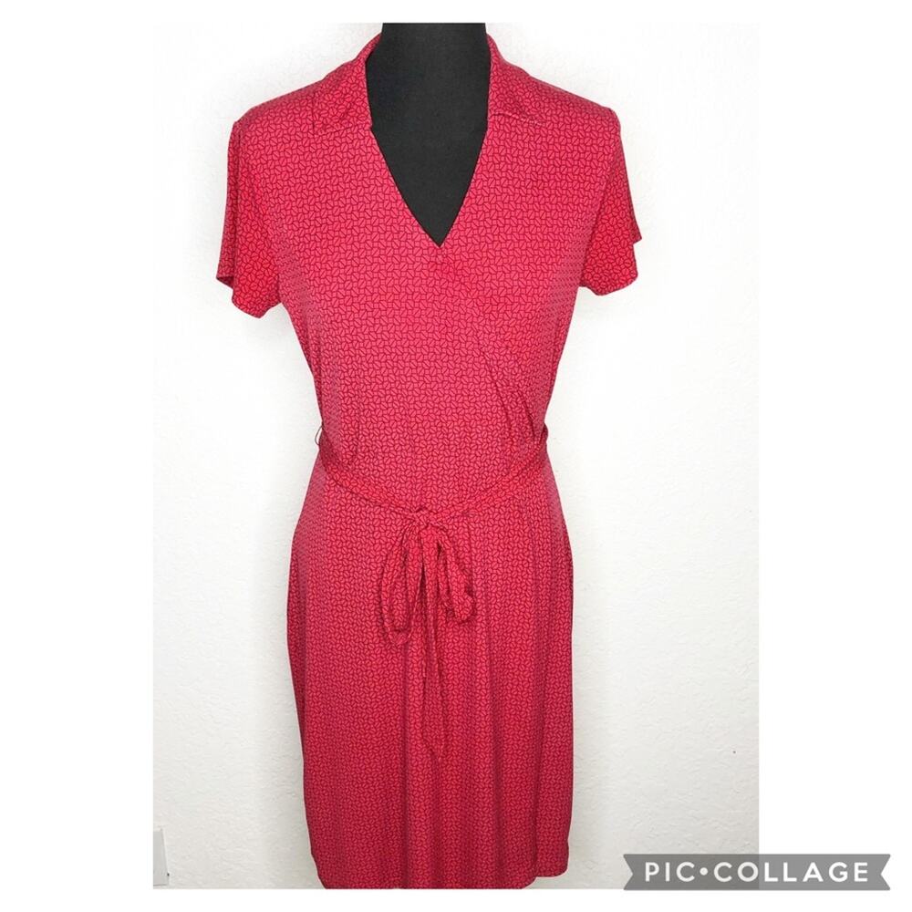 Brooks Brothers red black geometric print faux wrap dress size Small
